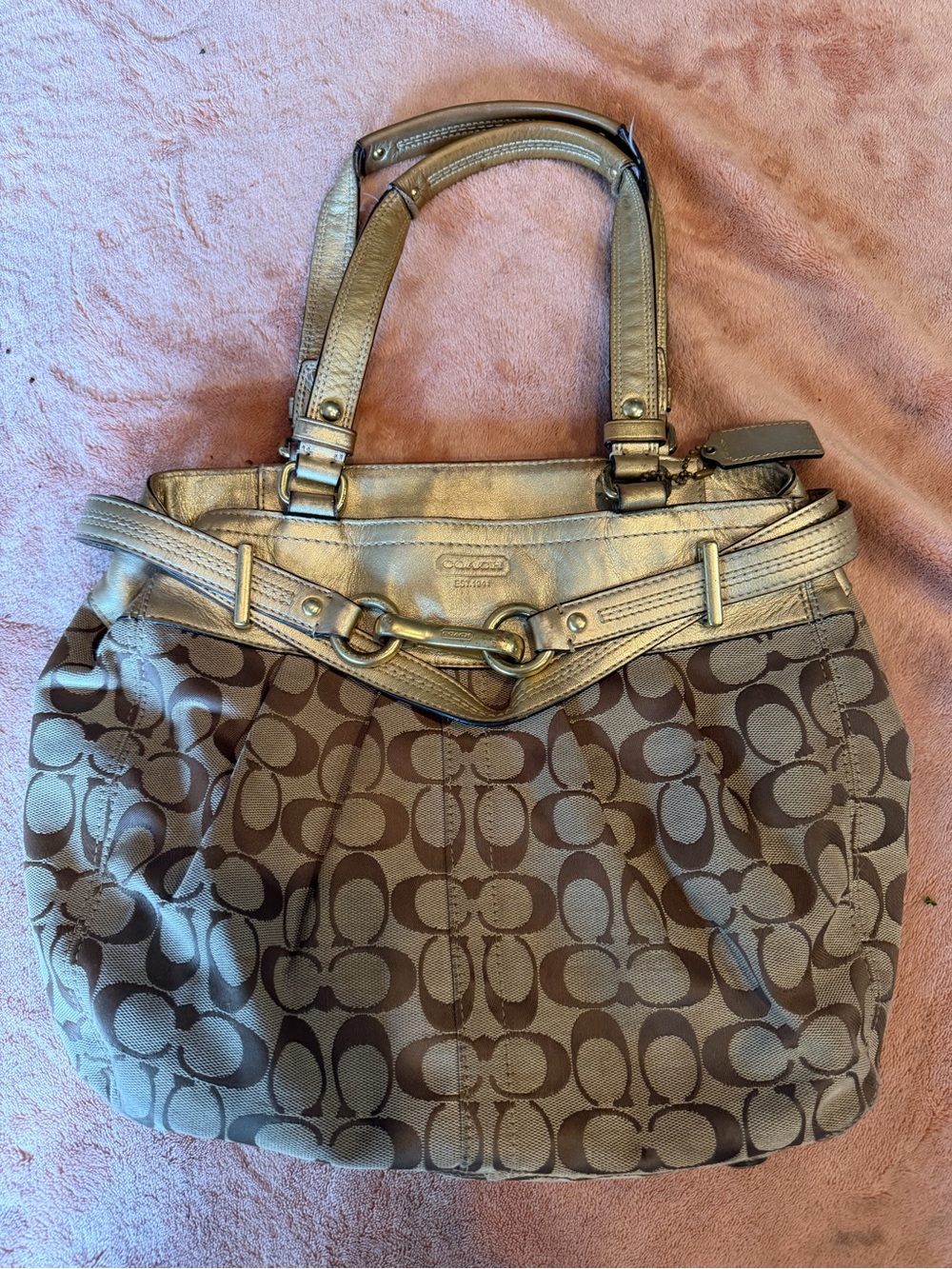 Coach Brown Signature Canvas Shoulder Bag with Metallic Trim